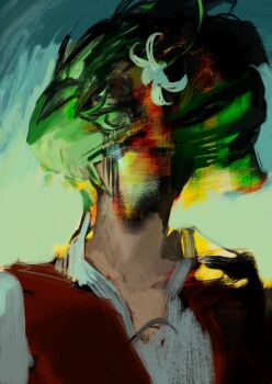  1girl abstract absurdres anatomical_nonsense blue_background commentary_request flower green_background green_hair hair_flower hair_ornament highres hotoke_party kazami_yuuka looking_at_viewer portrait red_vest shirt short_hair solo touhou two-tone_background vest white_shirt 