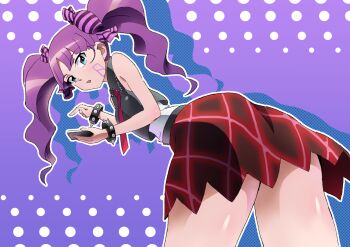  1girl ass ass_focus black_shirt blue_eyes bracelet candy_hair_ornament cellphone commentary_request duel_masters facial_tattoo food-themed_hair_ornament hair_ornament highres holding holding_phone jewelry looking_back monsterx necktie open_mouth phone puramai_rei purple_hair red_necktie red_skirt shirt shirt_under_shirt skirt sleeveless sleeveless_shirt smartphone solo spiked_bracelet spikes tattoo twintails white_shirt 