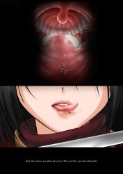 1boy 1girl absurdres bangs black_hair blush clothed_female_nude_male drooling english_text giantess highres licking_lips mikasa_ackerman monster mouth nude pov role_reversal saliva shingeki_no_kyojin size_difference sword teeth text_focus titan_(shingeki_no_kyojin) tongue tongue_out truth uvula vore weapon rating:Questionable score:52 user:TheDecade 1boy 1girl absurdres bangs black_hair blush clothed_female_nude_male drooling english_text giantess highres licking_lips mikasa_ackerman monster mouth nude pov role_reversal saliva shingeki_no_kyojin size_difference sword teeth text_focus titan_(shingeki_no_kyojin) tongue tongue_out truth uvula vore weapon rating:Questionable score:52 user:TheDecade