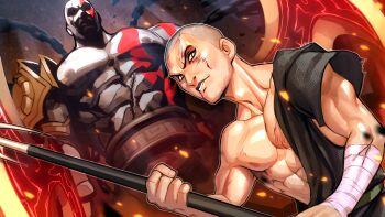  1boy absurdres bald beard before_and_after blades_of_athena blades_of_chaos bodypaint chain_blades easterhands facial_hair full_beard god_of_war highres kratos_(god_of_war) male_focus muscular muscular_male solo 