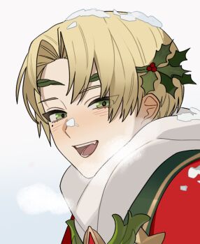  1boy alfred_(fire_emblem) alfred_(joyous_snowdrop)_(fire_emblem) blonde_hair commentary dr_metagross english_commentary fire_emblem fire_emblem_engage fire_emblem_heroes green_eyes hair_ornament highres holly_hair_ornament male_focus nintendo official_alternate_costume open_mouth santa_costume short_hair smile solo 