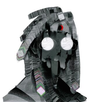  1other abstract colehairlesscat dreadlocks glowing glowing_eyes highres limited_palette original ponytail simple_background solo white_background 