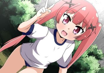  1girl bare_legs blue_buruma blush buruma dot_nose female_focus flat_chest gym_uniform hair_between_eyes hair_ornament legs long_hair looking_at_viewer naruse_mai open_mouth outdoors shirt solo standing tanemura_koyori twintails v watashi_ni_tenshi_ga_maiorita! white_shirt x_hair_ornament 