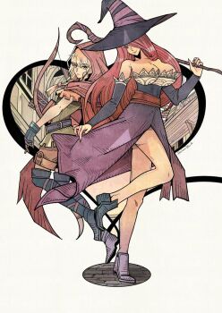 2girls bare_shoulders breasts cleavage detached_sleeves dragon's_crown elf_(dragon's_crown) hair_over_one_eye hat herheim731_(denny626) large_breasts long_hair multiple_girls red_hair skirt sorceress_(dragon's_crown) vanillaware witch_hat