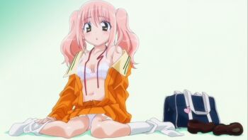  16:9 :o anime_screenshot bag bare_shoulders blush bra breasts breasts_apart charm_(object) cleavage clothes_lift duffel_bag embarrassed fight_ippatsu!_juuden-chan!! gradient_background green_background hair_between_eyes heart highres kneehighs lace lace-trimmed_skirt lace_trim lingerie loafers loli long_hair midriff navel neck_ribbon off_shoulder open_clothes open_mouth open_shirt panties pantyshot pantyshot_(sitting) payot pink_hair plaid_bra plaid_clothes plaid_panties platform_shoes pleated_skirt ribbon school_bag school_uniform serafuku shadow shirt shoes sitting skirt skirt_lift small_breasts sock_pull socks solo surprised sweater tomonaga_iono twintails underwear undressing untied unworn_shoes upskirt wariza white_bra white_panties yellow_eyes 