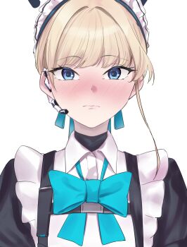  1girl apron black_dress blonde_hair blue_archive blue_bow blue_bowtie blue_eyes blush bow bowtie closed_mouth commentary_request dress earpiece embarrassed hair_bun highres hoffun looking_at_viewer maid_headdress portrait simple_background solo toki_(blue_archive) white_apron white_background 