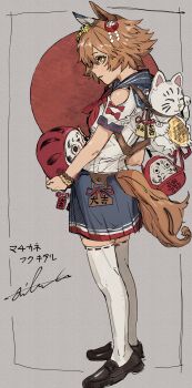  +_+ 1girl absurdres animal_ears bead_bracelet beads blue_skirt blush bracelet breasts clothing_cutout clover_hair_ornament commentary_request daruma_doll daruma_doll_hair_ornament doll doll_hair_ornament ear_covers ema flipped_hair four-leaf_clover_hair_ornament good_fortune_symbol hair_between_eyes hair_ornament highres hiranko holding holding_doll horse_ears horse_girl horse_tail jewelry maneki-neko matikanefukukitaru_(rising_fortune)_(umamusume) matikanefukukitaru_(umamusume) neckerchief orange_hair parted_lips red_neckerchief sailor_collar school_uniform serafuku shirt shoes short_hair shoulder_cutout single_ear_cover skirt solo star-shaped_pupils star_(symbol) symbol-shaped_pupils tail thighhighs umamusume white_shirt white_thighhighs 