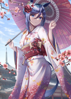  1girl absurdres alternate_hairstyle black_hair blue_eyes blush cherry_blossoms commentary_request cowboy_shot day eishin_flash_(umamusume) floral_print floral_print_kimono hair_bun highres holding holding_umbrella horse_girl japanese_clothes kimono long_sleeves looking_at_viewer mu-to nail_polish obi oil-paper_umbrella outdoors print_kimono sash short_hair smile solo standing structure umamusume umbrella white_kimono wide_sleeves 