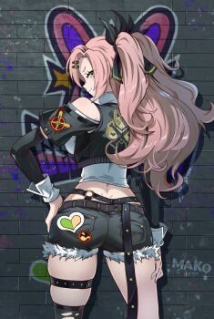  1girl artist_name bare_shoulders black_jacket black_ribbon black_shorts closed_mouth clothing_cutout commentary_request cowboy_shot cropped_jacket fang from_behind fur-trimmed_shorts fur_trim graffiti green_eyes hair_ornament hairclip hand_on_own_hip highres jacket kurimako long_hair looking_at_viewer looking_back mole mole_under_eye nicole_demara pink_hair ribbon shorts shoulder_cutout single_thighhigh skin_fang skindentation smile solo thigh_strap thighhighs torn_clothes torn_thighhighs two_side_up zenless_zone_zero 