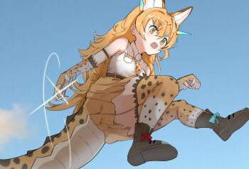  1girl animal_ears bare_shoulders black_boots blonde_hair boots cat_ears cat_girl collared_shirt commentary_request dragon_horns dragon_serval_(kemono_friends) dragon_tail extra_ears fangs fingerless_gloves frilled_gloves frilled_thighhighs frills gloves hair_between_eyes high-waist_skirt horns kemono_friends llb long_hair midair multicolored_gloves multicolored_thighhighs necktie open_mouth pleated_skirt print_gloves print_necktie print_thighhighs shirt sidelocks skirt sleeveless solo tail thighhighs white_gloves white_shirt white_thighhighs yellow_eyes yellow_gloves yellow_necktie yellow_skirt yellow_thighhighs 