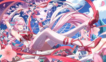  1girl absurdres arm_up armpits blue_sky breasts commentary_request day diamond-shaped_pupils diamond_(shape) dress elysia_(hi_love_elf)_(honkai_impact) elysia_(honkai_impact) ferris_wheel full_body gloves hair_ornament hat heart heart_hair_ornament high_heels highres holding_ribbon_baton honkai_(series) honkai_impact_3rd large_breasts long_hair looking_at_viewer open_mouth phantom_racher pink_hair pink_petals pink_shoes purple_eyes shoes single_glove sky smile symbol-shaped_pupils thighhighs thighs very_long_hair white_dress white_gloves white_hat white_thighhighs 