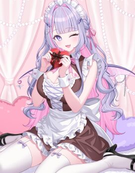  1girl apron black_shoes bow bow_legwear box breasts brown_dress cleavage cross-shaped_pupils dress garter_straps hair_ornament hairclip heart-shaped_box high_heels highres holding holding_box indie_virtual_youtuber indoors large_breasts long_hair looking_at_viewer maid_apron maid_headdress one_eye_closed open_mouth pointy_ears purple_bow purple_hair second-party_source shinotsuki_lupi shoes sitting sleeveless sleeveless_dress smile solo sunamama4788 symbol-shaped_pupils thighhighs virtual_youtuber wariza white_apron white_garter_straps white_thighhighs zettai_ryouiki 