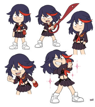  1girl absurdres black_hair brick_st fingerless_gloves full_body gloves hair_between_eyes highres hilda_(series) holding holding_sword holding_weapon kill_la_kill matoi_ryuuko medium_hair midriff multicolored_hair multiple_views navel parody pleated_skirt red_hair school_uniform scissor_blade_(kill_la_kill) senketsu serafuku shoes signature simple_background single_glove skirt sneakers streaked_hair style_parody suspenders sword two-tone_hair weapon white_background white_footwear  rating:General score:28 user:danbooru