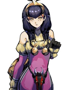  1girl 4me3ba_niku bare_shoulders big_hair black_hair bodysuit closed_mouth commentary_request crown demon_(megami_tensei) detached_sleeves eyelashes hathor_(megami_tensei) highres long_hair looking_at_viewer pink_bodysuit shin_megami_tensei simple_background solo standing white_background yellow_eyes 