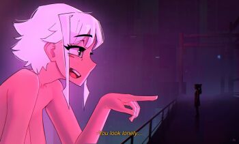  2girls blade_runner_(series) blade_runner_2049 breasts commentary english_commentary english_text from_side giant giantess grawlix_(shibansfw) grey_eyes hand_up highres large_breasts looking_at_another meme movie_reference multiple_girls nude open_mouth original pointing pointing_at_another scene_reference shibansfw short_hair sidelocks sideways_mouth smile standing talking white_hair you_look_lonely_(meme) 