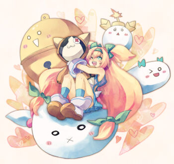  1girl arc_system_works bell blazblue blazblue:_continuum_shift blonde_hair bomb cardinal777 character_doll doll explosive gloves green_hair hairband jubei_(blazblue) long_hair low-tied_long_hair one_eye_closed platinum_the_trinity quad_tails ribbon smile stuffed_animal stuffed_toy two_side_up wink yuuka_seisen 