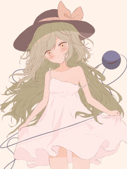  1girl absurdres alternate_hair_length alternate_hairstyle black_hat blush bow collarbone commentary_request cowboy_shot dress eyeball flat_chest green_hair hat hat_bow head_tilt highres iris-san koishi_day komeiji_koishi long_hair messy_hair skirt_hold solo spaghetti_strap strap_slip sun_hat sundress third_eye touhou very_long_hair white_dress yellow_bow yellow_eyes  rating:Sensitive score:11 user:danbooru