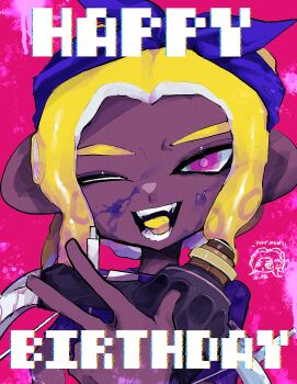  1girl blonde_hair blue_neckerchief chromatic_aberration colored_tongue commentary_request dark-skinned_female dark_skin happy_birthday highres ink_on_face kokujin_youhei looking_at_viewer neckerchief nintendo octoling_girl octoling_player_character one_eye_closed open_mouth pink_background pink_eyes reef-lux_450_(splatoon) solo splatoon_(series) splatoon_2 tentacle_hair yellow_tongue 
