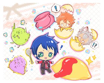  3boys ace_trappola animal animal_ears animalization baby_animal bird birthday_jacket_(twisted_wonderland) blue_eyes blue_hair cauldron chachahara_ai chibi chick commentary_request deuce_spade egg epel_felmier food full_body grey_hair hatching highres jack_howl jacket lace_background letterman_jacket male_focus multiple_boys omelet omurice orange_hair sebek_zigvolt short_hair twisted_wonderland white_background wolf_boy wolf_ears 