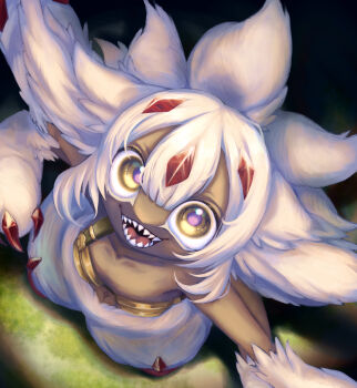  1girl absurdres blunt_bangs commentary_request dark-skinned_female dark_skin double-parted_bangs extra_arms faputa fewer_digits from_above full_body hair_between_eyes highres long_hair looking_at_viewer made_in_abyss melanin_shikiso monster_girl open_mouth sharp_teeth smile solo teeth white_hair yellow_eyes 