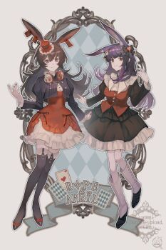  2girls ace_(playing_card) ace_of_hearts animal_ear_piercing animal_ears april_(arknights) arknights black_bow black_jacket black_shoes black_skirt black_thighhighs boots bow bowtie brown_hair card commentary cropped_jacket hair_bow headphones headphones_around_neck heart hemorina high-waist_skirt highres jacket knee_boots layered_skirt long_hair looking_at_viewer multiple_girls outline playing_card purple_eyes purple_hair rabbit_ears red_eyes red_skirt red_vest rope_(arknights) sailor_collar shoes simple_background skirt smile striped_clothes striped_jacket thighhighs vertical-striped_clothes vertical-striped_jacket vest watermark white_background white_boots white_bow white_bowtie white_sailor_collar 