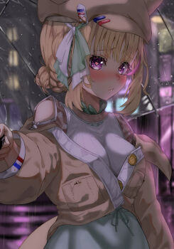  1girl blonde_hair blurry blurry_background blush breasts brown_hat brown_jacket clothing_cutout fox_hat hair_bun hashtag-only_commentary hat heart heart-shaped_pupils highres hololive jacket long_sleeves looking_at_viewer medium_breasts nose_blush official_alternate_costume omaru_polka omaru_polka_(casual) outdoors partially_unbuttoned purple_eyes rain shoulder_cutout solo symbol-shaped_pupils takotobuta transparent transparent_umbrella umbrella upper_body virtual_youtuber 