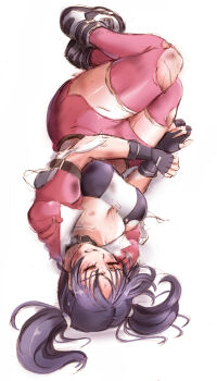  1girl bloody_roar breasts cleavage collar commentary_request commission fingerless_gloves full_body gloves highres large_breasts medium_hair pixiv_commission purple_hair simple_background solo suga_leon thighhighs torn_clothes torn_thighhighs tsukagami_alice twintails unconscious white_background 