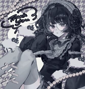  1girl alternate_costume black_dress black_eyes black_hair blunt_bangs dress english_text glasses grey_background headdress honkai_(series) honkai_impact_3rd i7oyr jewelry knees_together_feet_apart light_blush lolita_fashion long_hair mei_(honkai_impact) necklace parted_lips pearl_necklace shade solo thighhighs upper_body 