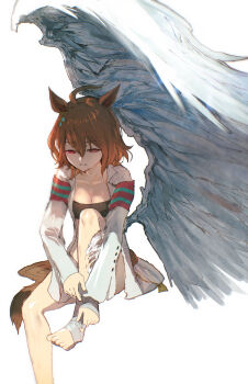  1girl absurdres advarcher agnes_tachyon_(umamusume) ahoge animal_ears bandaged_foot bandages bandeau black_bandeau breasts brown_hair coat collarbone commentary earrings english_commentary feathered_wings hair_between_eyes highres horse_ears horse_girl horse_tail jewelry lab_coat long_sleeves medium_hair open_clothes open_coat oversized_wings parted_lips red_eyes simple_background single_earring single_wing solo tail umamusume white_background wings wolf_cut 