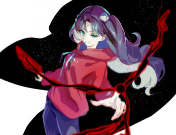  1girl black_pants blue_eyes breasts brown_hair commentary_request fate/stay_night fate_(series) grin hair_ornament hood hooded_sweater long_hair long_sleeves looking_at_viewer medium_breasts pants parted_bangs red_sweater smile solo su_su4204 sweater thighs tohsaka_rin two_side_up 