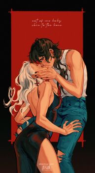  2girls absurdres backless_dress backless_outfit barbell_piercing bare_arms bbybluemochi black_background black_dress black_nails blue_pants brown_hair closed_eyes commentary cross cross_earrings cursive denim dress ear_piercing earrings english_text french_kiss hand_on_another&#039;s_thigh highres industrial_piercing jeans jewelry kiss long_hair multiple_girls original pants piercing red_background torn_clothes torn_jeans torn_pants two-tone_background white_hair yuri 