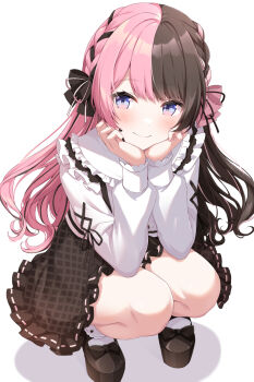  1girl black_bow black_hair black_nails black_ribbon black_shoes black_skirt blue_eyes bow braid closed_mouth commentary_request footwear_bow frilled_sailor_collar frills full_body hair_bow hair_ribbon hands_on_own_face highres kurono_yuzuko long_hair long_sleeves multicolored_eyes multicolored_hair multiple_hair_bows nail_polish pink_bow pink_eyes pink_hair pink_nails pink_ribbon plaid_clothes plaid_skirt ribbon sailor_collar shirt shoes side_braids simple_background skirt socks solo split-color_hair squatting streaked_hair tachibana_hinano tachibana_hinano_(1st_costume) virtual_youtuber vspo! white_background white_sailor_collar white_shirt white_socks 