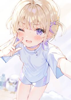  1girl ;d absurdres blonde_hair blush breasts choker commentary_request fang highres hololive hololive_dev_is looking_at_viewer multicolored_hair one_eye_closed open_mouth purple_choker purple_hair selfie shirt short_hair shorts small_breasts smile solo streaked_hair sweat sweatdrop t-shirt thighs todoroki_hajime two_side_up v virtual_youtuber wasemkn white_shirt white_shorts 