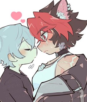  2boys animal_ear_fluff animal_ear_piercing animal_ears black_collar black_hair black_jacket black_shirt blush closed_mouth collar commentary_request crew_neck crossed_bangs ear_piercing earrings from_side gogogalar grey_hair heart imminent_kiss jacket jewelry komano_manato male_focus multicolored_hair multiple_boys necklace nervous_sweating parted_bangs pendant piercing red_eyes red_hair scar scar_on_shoulder shirt short_hair simple_background sweat t-shirt tank_top upper_body watermark wavy_mouth white_background white_tank_top wise_(zenless_zone_zero) wolf_boy wolf_ears yaoi zenless_zone_zero 