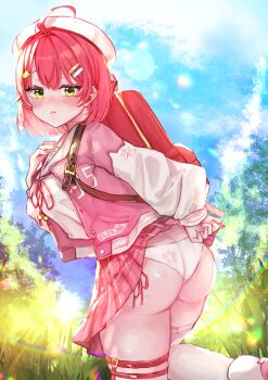  1girl ahoge ass ass_focus blush breasts butt_crack clothes_lift embarrassed from_behind green_eyes hair_ornament hairclip hat hololive jacket looking_at_viewer panties pink_hair sakura_miko sakura_miko_(school_uniform) school_uniform short_hair skirt skirt_lift solo thick_thighs thighhighs thighs underwear yuzuno_wagiri 