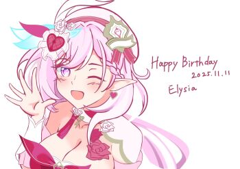  1girl beret breasts character_name cleavage commentary_request dated dress earrings elf elysia_(hi_love_elf)_(honkai_impact) elysia_(honkai_impact) happy_birthday hat heart heart_earrings highres honkai_(series) honkai_impact_3rd jewelry large_breasts long_hair looking_at_viewer multicolored_hair pink_hair pointy_ears purple_eyes red_dress rein_(rainliquid) simple_background smile solo two-tone_hair upper_body very_long_hair white_background white_hair 