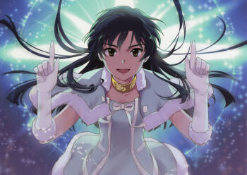  1girl :d annindoufu_(oicon) blue_capelet blue_dress blue_hair blunt_ends brown_eyes capelet collar cute_&amp;_girly_(idolmaster) dress floating_hair fur_trim gloves gold_collar highres idolmaster idolmaster_(classic) idolmaster_1 jewelry kisaragi_chihaya long_hair necklace official_art official_wallpaper open_mouth pastel_marine_(idolmaster) pointing pointing_up smile solo third-party_source white_gloves 