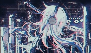  1girl 1other artist_name black_jacket cable disembodied_hand expressionless from_side glitch halftone headphones highres holding holding_sword holding_weapon impaled jacket long_hair major_injury_underreaction murder original parted_lips portal_(object) robot sira0xff solo_focus stab sword very_long_hair watermark weapon white_hair wire 