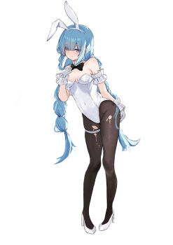  1girl absurdres animal_ear_hairband animal_ears arm_at_side arm_garter asymmetrical_sidelocks azur_lane bare_shoulders black_bow black_bowtie black_pantyhose blue_eyes blue_hair bow bowtie braid breast_suppress breasts breasts_apart contrapposto covered_navel detached_collar eyes_visible_through_hair fake_animal_ears frilled_gloves frills full_body gloves hair_over_one_eye hairband hand_up high_heels highleg highleg_leotard highres ichi_(gnsk4737) janus_(a_lesson_in_billiards)_(azur_lane) janus_(azur_lane) leotard long_hair looking_at_viewer low_twin_braids medium_breasts one_ear_down pantyhose pigeon-toed playboy_bunny pumps rabbit_ear_hairband rabbit_ears shoes sidelocks simple_background skindentation solo standing strapless strapless_leotard thigh_strap torn_clothes torn_pantyhose traditional_bowtie twin_braids very_long_hair white_background white_gloves white_hairband white_leotard white_shoes 