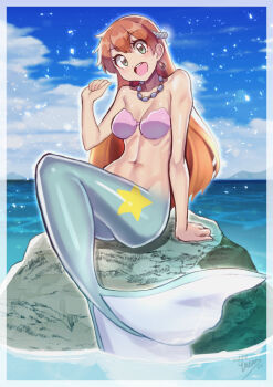 1girl :d arm_support bare_shoulders bead_necklace beads bikini bikini_top_only blue_sky blush breasts cleavage cloud day earrings eyelashes green_eyes groin hair_between_eyes hair_ornament hand_up head_tilt hoop_earrings jewelry knee_up long_hair looking_at_viewer medium_breasts mermaid mermaid_misty_(pokemon) misty_(pokemon) monster_girl monsterification navel necklace nintendo ocean open_mouth orange_hair outdoors pink_bikini pokemon pokemon_(anime) pokemon_(classic_anime) pokemon_rgby rock seashell shell shell_bikini sitting sitting_on_rock sky smile solo star_(symbol) stomach swimsuit teeth upper_teeth_only water yasu_suupatenin