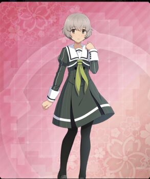  1girl black_pantyhose black_shoes bob_cut brown_eyes buttons clenched_hands closed_mouth dot_nose double-breasted dress feet_out_of_frame floral_background game_cg green_dress green_neckerchief grey_hair hand_up heijou_institute_school_uniform iwakura_sanae long_sleeves looking_at_viewer neckerchief official_art pantyhose pink_background pinstripe_dress pinstripe_pattern sailor_collar school_uniform shoes short_hair solo striped_clothes striped_dress third-party_source toji_no_miko toji_no_miko:_kizamishi_issen_no_tomoshibi variant_set vertical-striped_clothes vertical-striped_dress white_sailor_collar 