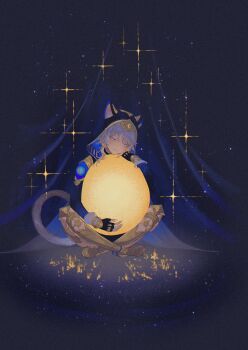  1girl absurdres animal_ear_fluff animal_ears animal_hood blue_eyes boots cat_ears cat_girl cat_tail cipher_(honkai:_star_rail) commentary curtains fingerless_gloves full_moon gloves glowing grey_hair hashtag-only_commentary high_heel_boots high_heels highres hitohachan holding honkai:_star_rail honkai_(series) hood hug moon sitting sparkle star_(sky) tail thigh_boots yellow_nails 