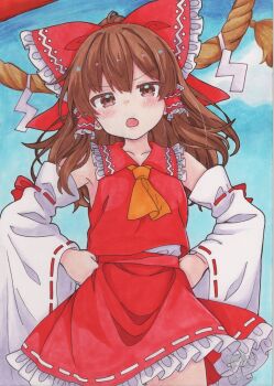 1girl ascot bare_shoulders bow brown_eyes brown_hair commentary_request cowboy_shot dated detached_sleeves fang frilled_bow frilled_hair_tubes frilled_skirt frills hair_bow hair_tubes hakurei_reimu hands_on_own_hips highres hoshi_tea_party light_blush looking_at_viewer medium_hair nontraditional_miko open_mouth outdoors photo_(medium) red_bow red_shirt red_skirt ribbon-trimmed_skirt ribbon-trimmed_sleeves ribbon_trim shirt signature skirt sleeveless sleeveless_shirt solo touhou traditional_media yellow_ascot 