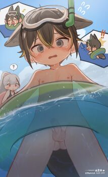  ! !! 1boy 1girl ? @_@ absurdres animal_ears blonde_hair blush brown_hair completely_nude dog_boy dog_ears dog_tail extra_ears flying_sweatdrops goggles goggles_on_head grey_eyes highres innertube male_focus multicolored_hair nipples nude omurice_(roza4957) open_mouth original partially_underwater_shot penis short_hair shota small_penis snorkel solo_focus spoken_question_mark streaked_hair swim_goggles swim_ring tail tearing_up testicles two-tone_hair uncensored very_short_hair wardrobe_malfunction  rating:Explicit score:28 user:danbooru