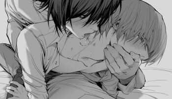  3boys bags_under_eyes bite_mark bite_mark_on_neck blush clone collarbone collared_shirt commentary covering_another's_mouth death_note greyscale hand_over_another's_mouth l_(death_note) licking licking_another's_neck looking_at_another male_focus monochrome multiple_boys nipples on_bed open_clothes open_shirt ruttika_shin saliva shirt short_hair simple_background white_background yagami_light yaoi 