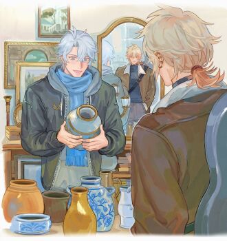  2boys alternate_costume antenna_hair black_jacket black_sweater blonde_hair blue_eyes blue_scarf braid brown_jacket facial_tattoo gradient_hair grey_pants guitar_case hand_in_pocket holding_vase honkai:_star_rail honkai_(series) instrument_case jacket leather leather_jacket male_focus medium_hair mirror multicolored_hair multiple_boys mydei_(honkai:_star_rail) open_mouth p1enon pants parted_bangs phainon_(honkai:_star_rail) ponytail red_hair red_tattoo reflection scarf short_hair short_ponytail side_braid sweater tattoo white_hair yellow_eyes zipper 