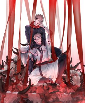  2boys absurdres animal_skull black_jacket black_nails black_pants black_scarf black_socks brown_eyes commentary_request facial_mark facial_tattoo finger_in_another's_mouth fingernails grabbing_from_behind highres hood hood_down hoodie itadori_yuuji jacket japanese_clothes jujutsu_kaisen jujutsu_tech_uniform kan_(forest_kan) kimono looking_at_viewer male_focus multiple_boys open_mouth pants pile_of_skulls pink_hair red_eyes red_hood ryoumen_sukuna_(jujutsu_kaisen) scarf sharp_fingernails short_hair sitting skull smile socks tattoo tongue tongue_grab tongue_out undercut white_background white_kimono wide_sleeves 