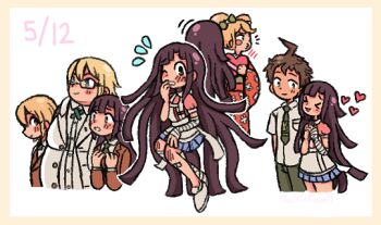  >_< 2girls 3boys ahoge apron bandaged_arm bandages bandaid bandaid_on_leg blonde_hair blue_skirt blush bow breast_pocket brown_hair brown_jacket buttons closed_eyes closed_mouth collared_shirt commentary danganronpa_(series) danganronpa_2:_goodbye_despair danganronpa_3_(anime) dated english_commentary fat fat_man flying_sweatdrops glasses green_bow green_eyes green_necktie green_pants hair_bow heart hinata_hajime holding hope's_peak_academy_school_uniform jacket jackie_kawaii japanese_clothes kimono long_hair long_sleeves mitarai_ryota mole mole_under_eye multiple_boys multiple_girls multiple_views necktie o3o one_eye_closed orange_kimono pants pink_shirt pocket pout purple_eyes purple_hair saionji_hiyoko school_uniform shirt shoes short_hair short_sleeves simple_background skirt smile teeth togami_byakuya_(danganronpa_2) tsumiki_mikan twintails very_long_hair white_apron white_background white_jacket white_shirt white_shoes 