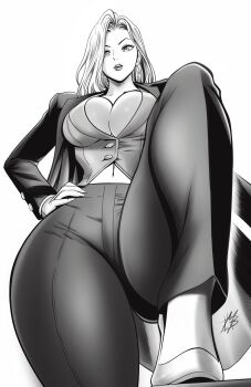  absurdres breasts cleavage collarbone earrings emma_frost formal_clothes greyscale highres jacket jewelry large_breasts lips looking_at_viewer marvel monochrome mostlybluewyatt navel office_lady open_mouth pants suit suit_jacket thick_thighs thighs v-shaped_eyebrows vest wide_hips x-men 