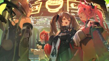  4girls :d akekuri_(arknights) angelina_(arknights) animal_ears arknights arknights:_endfield avywenna_(arknights) backless_dress backless_outfit bare_shoulders belt black_bodysuit black_horns bodysuit bracelet breasts brown_hair chromatic_aberration coat commentary_request cropped_jacket diamond-shaped_pupils diamond_(shape) dog_ears dog_girl dress elbow_gloves fox_ears fox_girl from_behind gilberta_(arknights) gloves grey_dress grey_sports_bra hair_on_horn headpiece high_belt high_collar highres horns impossible_clothes impossible_dress infection_monitor_(arknights) jacket jewelry large_breasts long_hair long_sleeves looking_at_another medium_breasts midriff multicolored_horns multiple_girls navel neon_sign nishikikope non-circular_lens_flare open_clothes open_coat open_jacket open_mouth orange_hair pink_hair pink_horns pink_jacket pointing pointy_ears rabbit_ears rabbit_girl red_hair sideways_mouth sleeveless sleeveless_dress smile sports_bra symbol-shaped_pupils teeth twintails two-tone_horns unzipped upper_body upper_teeth_only yvonne_(arknights) 